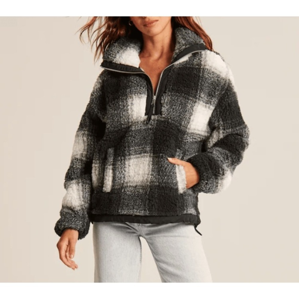 Abercrombie & Fitch Oversized Sherpa Half-Zip Jacket XS Black Grey White Plaid